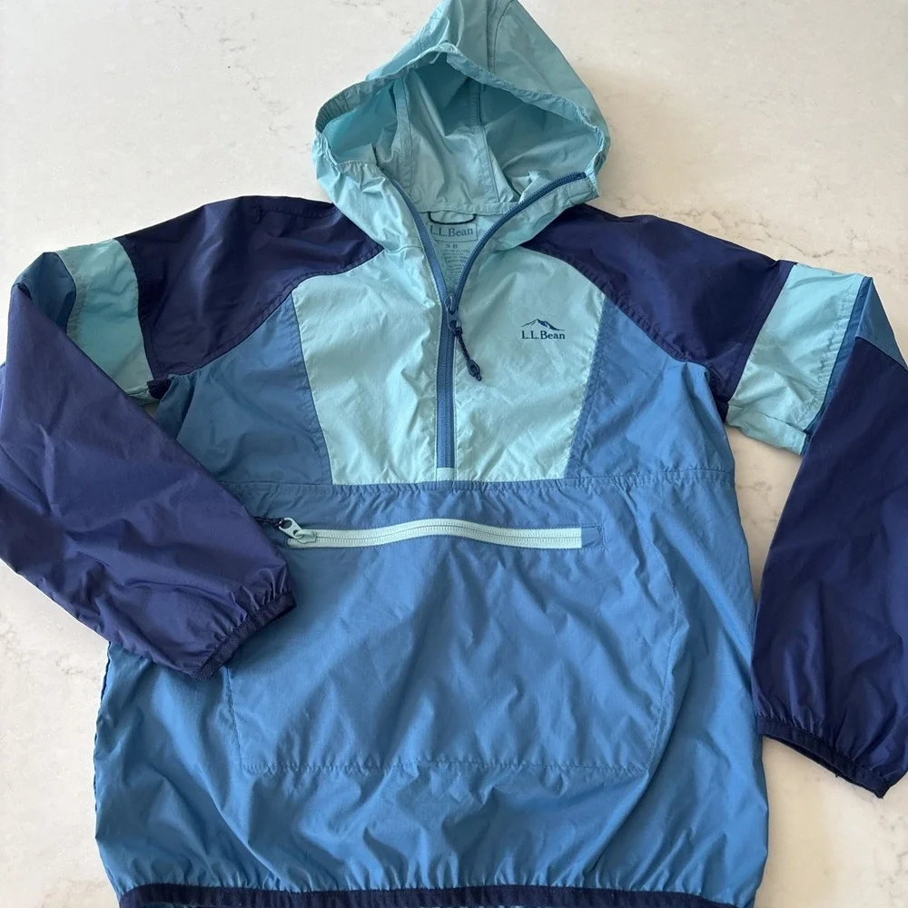 L.L. Bean Kids' Blue Wind & Rain Anorak S 8 Pull Over Hooded Parka Jacket Nylon